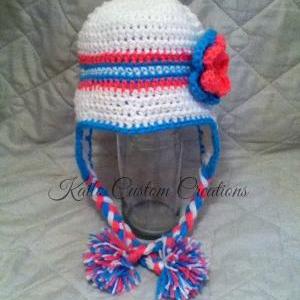 Crochet Hat With Earflaps, Braids, And Pom Poms..