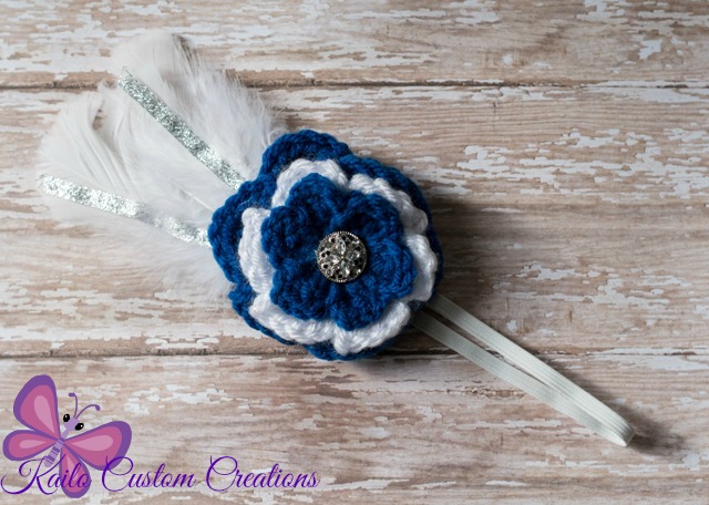 Beautiful Crochet Flower Headband With Feathers And Silver Sparkle Ribbon, Newborn Baby Child Toddler Adult Headband