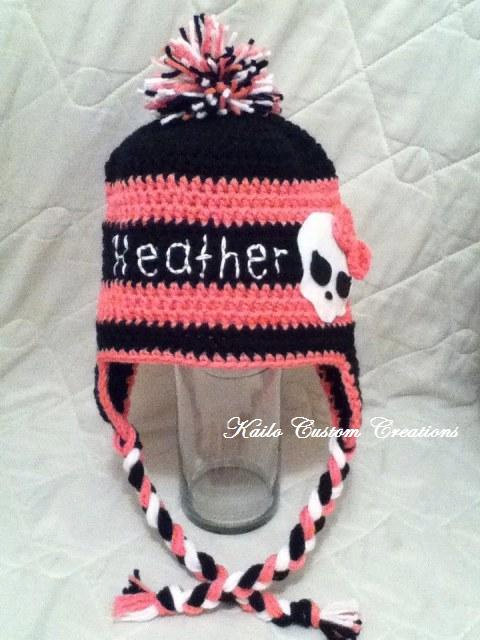 Crochet Skull Hat With Earflaps And Braids, Pom Pom On Top Of Hat, Personalized With Name, Newborn To Adult Sizes