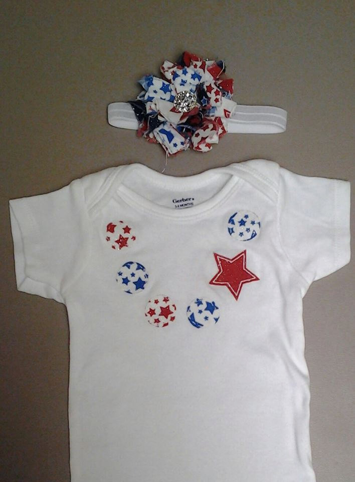 Fourth Of July Applique Necklace Onesie With Matching Shabby Flower Headband, Independence Day, 4th Of July Set
