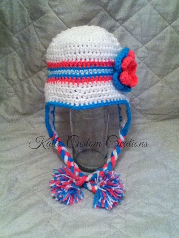Crochet Hat With Earflaps, Braids, And Pom Poms With Flower. Newborn To Adult Sizes, Photo Prop