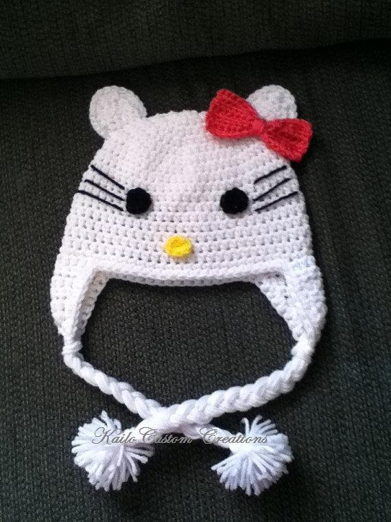 Pretty Kitty Hat With Earflaps And Pom Poms, Newborn To Adult Sizes
